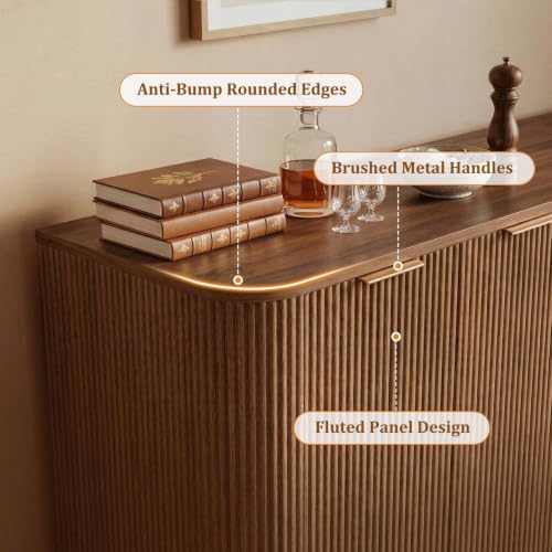 63" Fluted Sideboard Cabinet, 4 Doors, TV Stand Console, Walnut, view 5