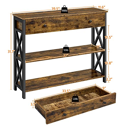 Yaheetech Console Table with Drawer, Sofa Table with Storage Shelves, 39.5 Inch Entryway Tables with Metal Frame, for Living Room, Entryway, Hallway, Rustic Brown