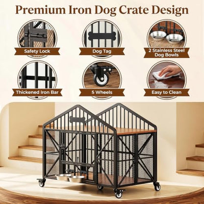 41.5" Foldable Dog Crate Furniture with 5 Wheels & Adjustable Bowls, view 6
