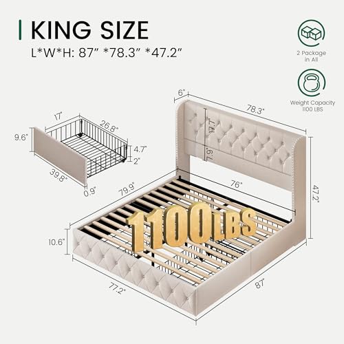 King Size Bed Frame with 4 Storage Drawers and 47.2" Tall Tufted Headboard, view 3