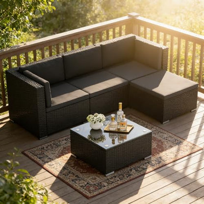 5-Piece Outdoor Patio Furniture Set, All-Weather PE Rattan Sectional Sofa with Ottoman, Glass Coffee Table & Cushions, Modular Wicker Conversation Set for Backyard, Garden, Porch, Dark Grey