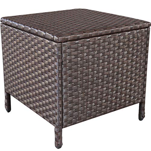 Goognice Outdoor PE Wicker Side Table with Storage Patio Resin Rattan End Table Square Container for Furniture Covers, Toys and Gardening Tools Brown