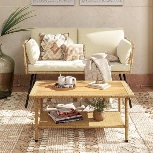 2 Pieces Patio Furniture Set, All-Weather Wicker Rattan Loveseat with Thick Cushions & Table, Outdoor Conversation Set for Patio, Balcony, Backyard, Deck, Poolside
