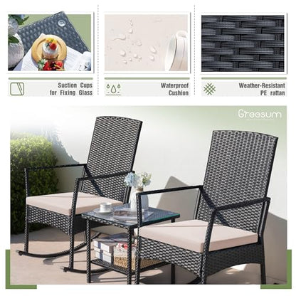 3 Pieces Patio Furniture Set Outdoor Wicker Rocking Chairs with Glass Coffee Table for Garden Backyard Porch Poolside, Beige