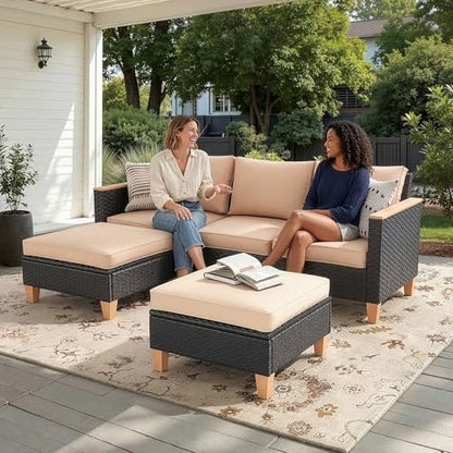 Outdoor Furniture Set, 5 Piece Patio Conversation Set with Cushions, PE Outdoor Wicker Conversation Set Sectional Patio Sofa, All-Weather Rattan Sofa for Backyard, Garden, and Poolside