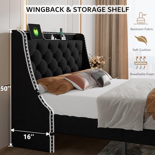 Queen Bed Frame with 16" Comfort Wingback & Charging Station, view 4