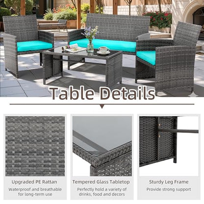 4 Piece Patio Ratten Set Outdoor Furniture Set Wicker Conversation Sets with Cushions and Tempered Glass Tabletop,Blue