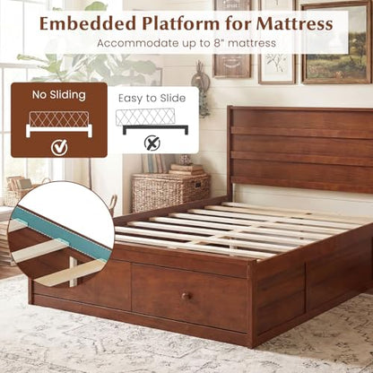 Full Size Bed Frame with Storage Drawers, Wood Platform Bed with Headboard, view 6