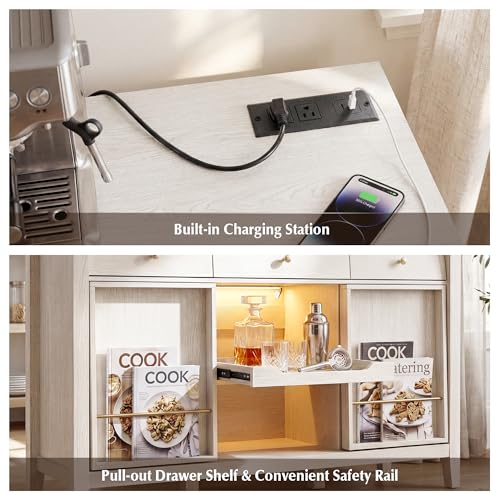 Buffet Cabinet with Storage, Modern Sideboard Cabinet with 3 Drawers, 2 Sliding Doors & Pull-Out Shelf, Coffee Bar Cabinet with Charging Station, White