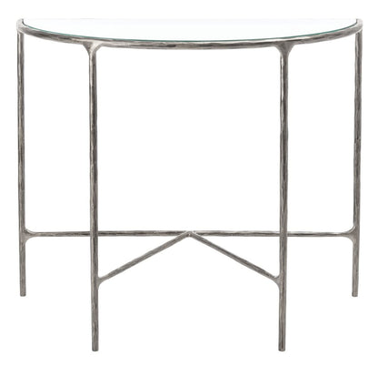 SAFAVIEH Couture Home Collection Jessa Silver Metal/Tempered Glass Top Half Moon Entryway Living Room Console Table (Fully Assembled)