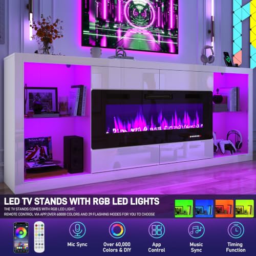 94" Fireplace TV Stand with 50" Fireplace&Power Outlet,White High Gloss, view 4
