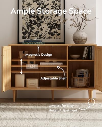 Rattan Storage Cabinet with 3 Doors, Boho Sideboard Buffet Cabinet Wooden Farmhouse Credenza Cabinet with Adjustable Shelves for Living Room Kitchen Entryway Hallway, Natural Oak