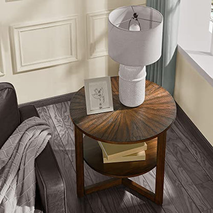 Large Round End Table with Storage Shelf, 25.2" Dia Rustic Beside Tables with Umbrella Top, Traditional Circular Sofa Side Table- Telephone Table for Living Room Easy Assembly, Vintage Brown CJZ3338NC