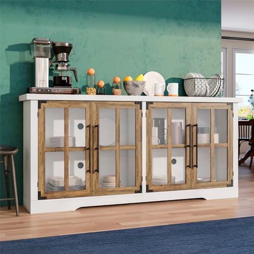 63" Farmhouse TV Stand with 4 Glass Doors, Modern Buffet Sideboard Cabinet with Storage, Entertainment Center with Adjustable Shelf for TV's up to 75", White/Barnwood