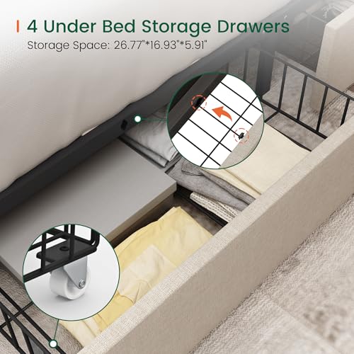 King Size Bed Frame with 4 Storage Drawers and Tufted Headboard Linen, view 6