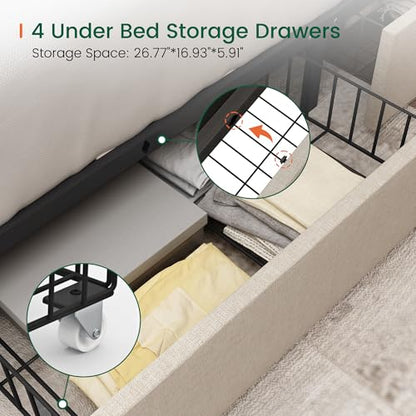 King Size Bed Frame with 4 Storage Drawers and Tufted Headboard Linen, view 6