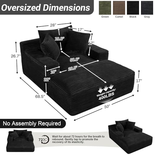 50"W x 68"D Oversized Chaise Lounge Chair Indoor Boneless Reading Chair Plush Corduroy Recliner Large Deep Seat Upholstered Sleeper Comfy Sofa Bed Couch with 3 Pillows for Living Room Bedroom, Black