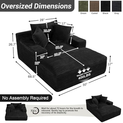 50"W x 68"D Oversized Chaise Lounge Chair Indoor Boneless Reading Chair Plush Corduroy Recliner Large Deep Seat Upholstered Sleeper Comfy Sofa Bed Couch with 3 Pillows for Living Room Bedroom, Black