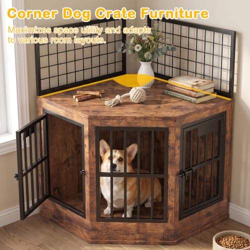 43" Wooden Corner Dog Crate Furniture, Indoor Decorative Dog Kennel, Rustic, view 7