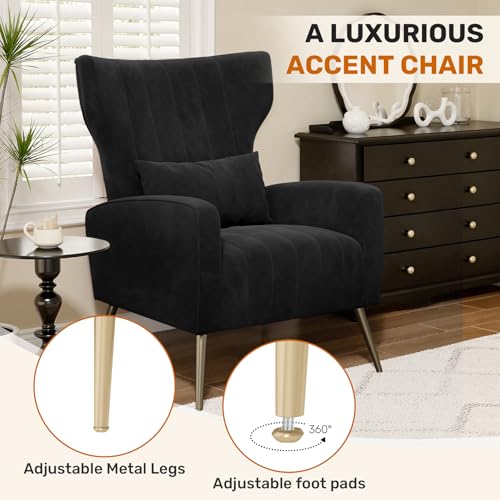 Velvet Accent Chair Wingback for Living Room, High Back Arm Chair with Golden Legs Lumbar Pillow, Upholstered Single Sofa Bedroom Black