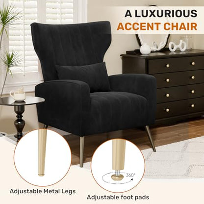 Black Velvet Accent Chair Set of 2, Wingback Chair for Living Room, High Back Arm Chair with Golden Legs Lumbar Pillow, Upholstered Single Sofa Bedroom