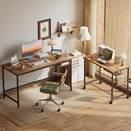 48 inch Computer Desk w/Shelf & Adjustable Feet, 32 inch Rolling Office Desk w/ 1 Hook, Small Space Desk for Home, Office, Study, Writing, Bedroom, 2 Pack
