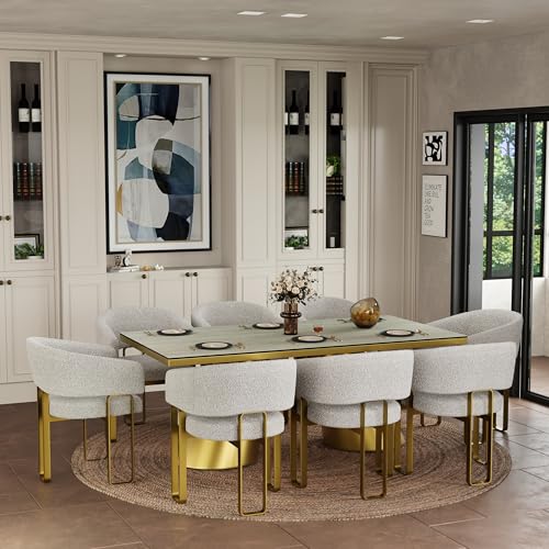 Boucle Dining Chairs Set of 12, Off White and Gold Dining Room Chairs with Arms for Kitchen, Luxury Side Chairs with U-Shaped Brushed Gold Metal Legs
