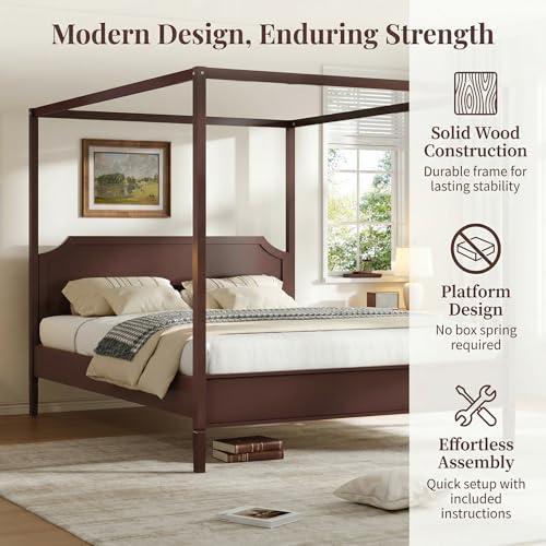 Modern Wooden Canopy Bed Frame with Headboard, view 4