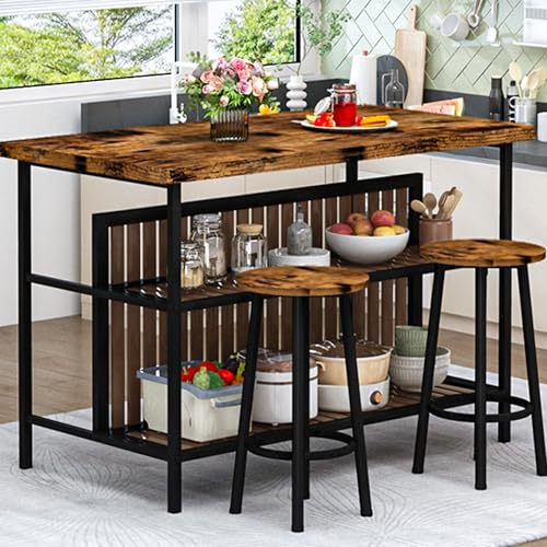 Kitchen Island with Seating & Storage, Farmhouse Dining Table Set for 2, Space-Saving 3 Piece Dining Set Table & Chairs Island Table for Kitchen, Apartment, Dining Room, Rustic Brown