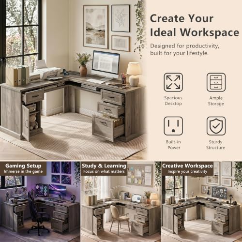 L Shaped Executive Desk with Storage, 4 Drawers, Grey, view 8
