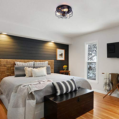 Industrial Black Semi Flush Mount Ceiling Light 3-Light Rustic Ceiling Lamp Fixture with Metal Cage for Kitchen Living Room Dining Room Bedroom Hallway
