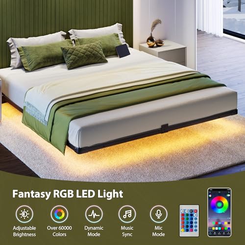 Floating Bed Frame Queen Size, Smart LED Lights & Charging Station, view 6