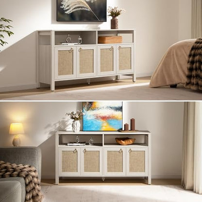 White Rattan TV Stand Entertainment Center Cabinet with 4 Doors, view 6