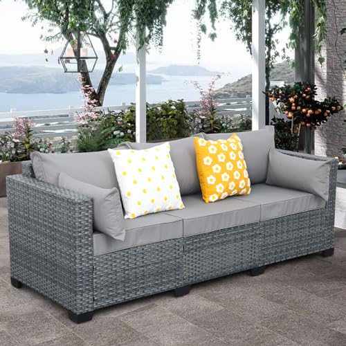 Wicker Patio Couch Outdoor 3-seat Sofa with All-Weather Rattan Deep Seater Outdoor Couch with Anti-Slip Cushions and Furniture Cover, Light Grey