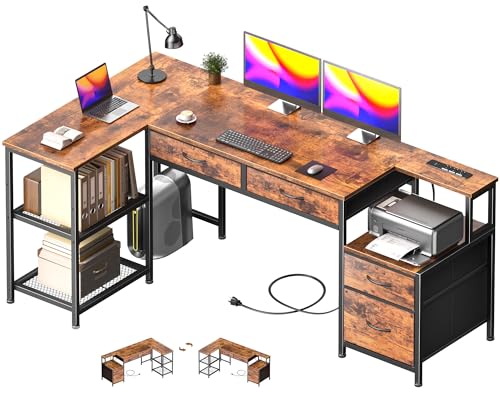 57" L Shaped Computer Desk with Power Outlet, Drawers, Rustic Brown, view 2