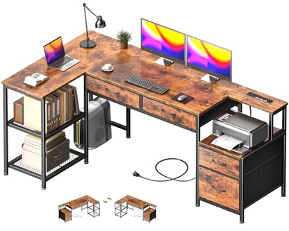 57" L Shaped Computer Desk with Power Outlet, Drawers, Rustic Brown, view 2