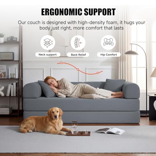 79" Boneless Couch,6-in-1 Convertible Sofa Bed,Corduroy Sleeper Sofa Bed with Pillows,Modular Foldable Floor Loveseat, Boneless Couches for Living Room, Bedroom, Lounge, Studio (Dark Gray)