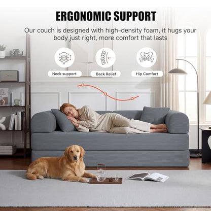 79" Boneless Couch,6-in-1 Convertible Sofa Bed,Corduroy Sleeper Sofa Bed with Pillows,Modular Foldable Floor Loveseat, Boneless Couches for Living Room, Bedroom, Lounge, Studio (Dark Gray)