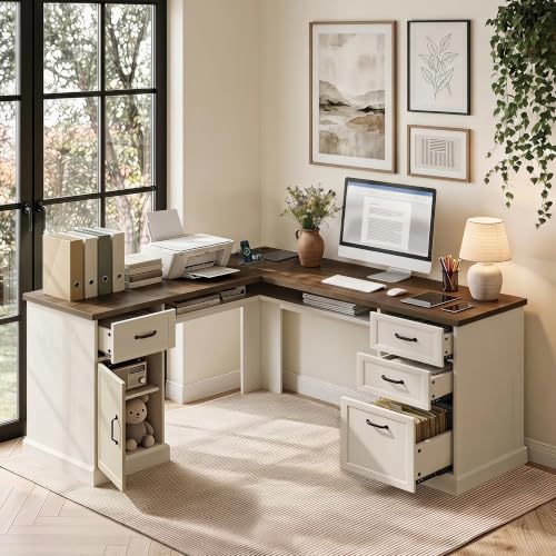 L Shaped Executive Desk with Storage, 4 Drawers, Brown & White, view 2