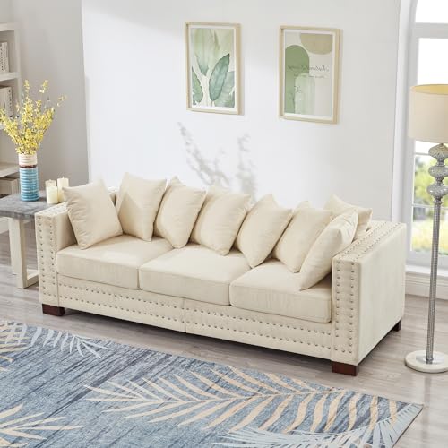 GDFStudio 84.5" Mid-Century Modern Sofa with Storage, 3 Seater Deep Seat Upholstered Velvet Sofa Couch, Silver Nailhead and Square Arms, Solid Wood Legs, Accent Sofa for Living Room Bedroom, Apricot