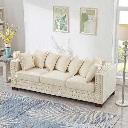 GDFStudio 84.5" Mid-Century Modern Sofa with Storage, 3 Seater Deep Seat Upholstered Velvet Sofa Couch, Silver Nailhead and Square Arms, Solid Wood Legs, Accent Sofa for Living Room Bedroom, Apricot