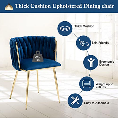Modern Velvet Dining Chairs Hand Weaving Accent Chairs Living Room Chairs Upholstered Side Chair with Golden Metal Legs for Dining Room Kitchen Vanity Living Room (Navy)