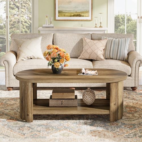 47.24" Oval Coffee Table, 2-Tier Coffee Table with Storage Shelf, Farmhouse Wooden Accent Center Tables with Dual Base for Living Room Bedroom Apartment