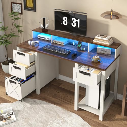 59" Farmhouse Computer Desk with 4 File Drawer & Power Outlet & Led Lights, view 7