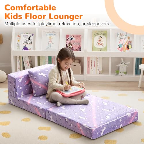 Foldable Futon Chair Bed for Kids, Glow Tri-Fold Sofa Bed Convertible Toddler Sofa Mattress, Foam Floor Couch for Sitting, Purple