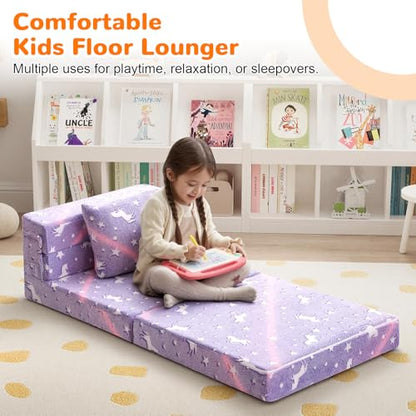 Foldable Futon Chair Bed for Kids, Glow Tri-Fold Sofa Bed Convertible Toddler Sofa Mattress, Foam Floor Couch for Sitting, Purple