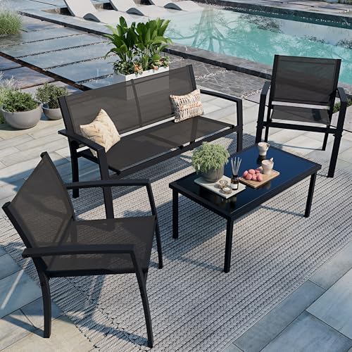 4 Pieces Patio Furniture Set All Weather Textile Fabric Outdoor Conversation Set, with Glass Coffee Table, Loveseat, 2 Single Chairs for Home, Garden, Lawn, Porch（Black）