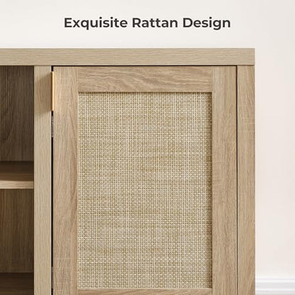 Rattan TV Stand for Living Room - 26" Tall TV Console Cabinet with Storage and Adjustable Shelf, Boho Entertainment Center, 59" Media Console for 50, 55, 65 Inch TV, Light Oak