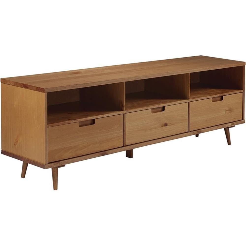 Millie Mid Century Modern 3 Drawer Solid Wood Low TV Stand for TVs up to 80 Inches 70 Inch Caramel