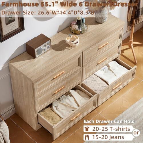 55.1" Wide Farmhouse 6 Drawers Dresser for Bedroom,Natural, view 5